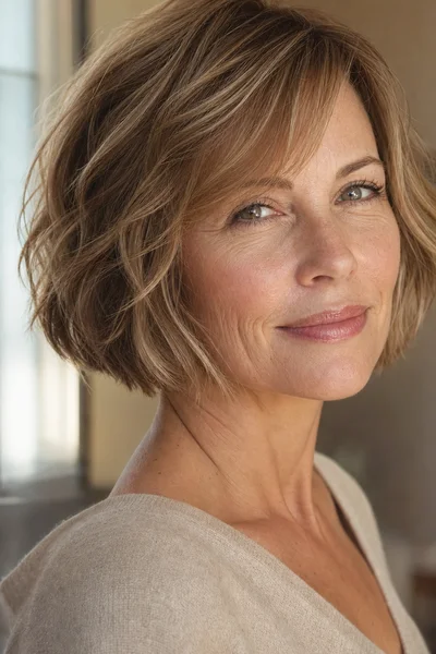 12 Flattering Short Haircuts With Bangs for Women Over 50 4 Woman with textured bob and side-swept bangs for thick hair, in soft window light