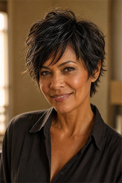 12 Flattering Short Haircuts With Bangs for Women Over 50 13 Textured crop haircut with side-swept bangs, choppy effortless layers