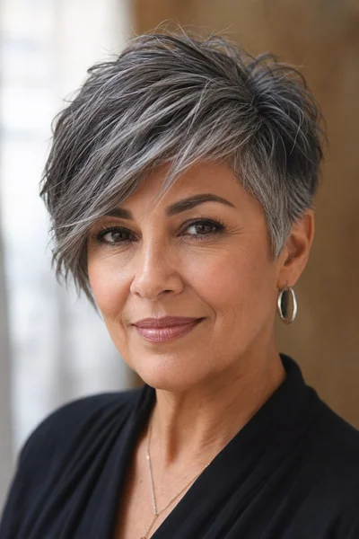 Textured crop with side-swept bangs on thick hair for heart-shaped faces