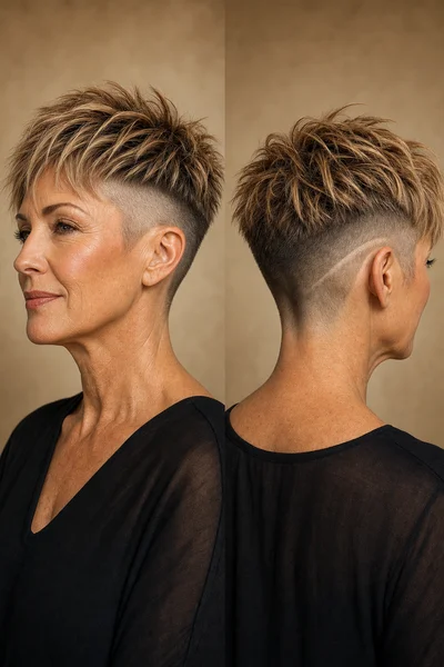 Side and back view of a textured crop with undercut showing short clipped sides and longer textured top