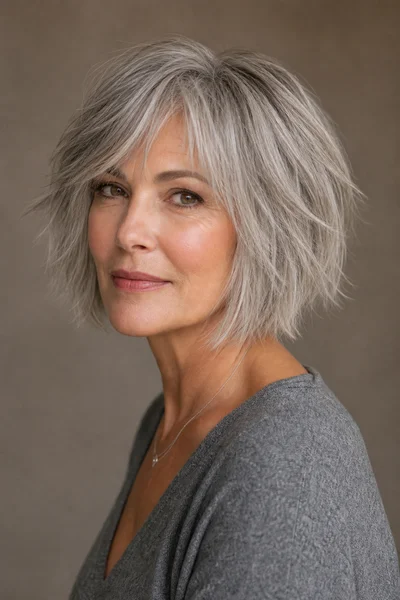 textured gray bob haircut for women over 50 — point-cut ends throughout create a soft, undone finish