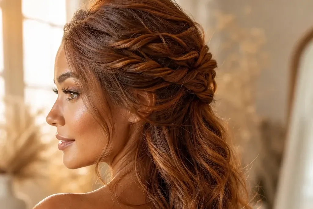 Textured half-up bridal hairstyle with twisted base — low maintenance option