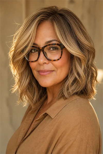 25 Flattering Short Haircuts for Women Over 50 Round Faces 12 Textured lob with face-framing layers — longer short cut for statement glasses and round faces
