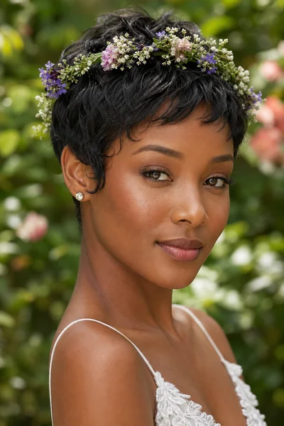 16 Rustic Wedding Hairstyles for Every Hair Length 3 Beautiful woman with textured pixie cut and delicate flower crown pinned into the roots, natural garden setting