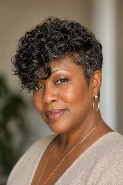35 Short Haircuts for Black Women Over 50 That Look Stunning in 2026 16 Textured pixie with longer fringe for Black women over 50 — soft 4a curls, side-swept front piece