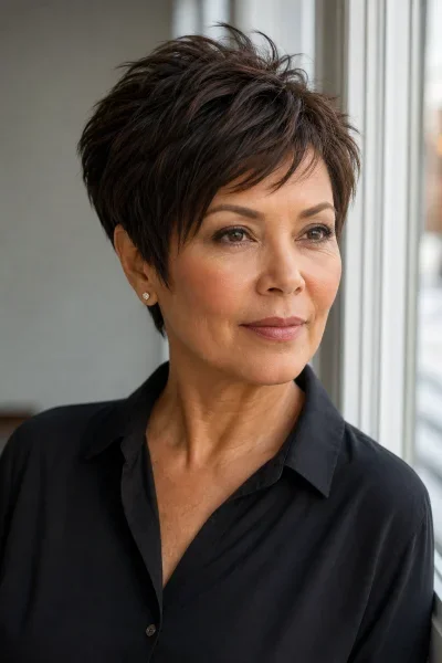 Textured pixie haircut with piecey layers and movement on mature woman with warm skin tone