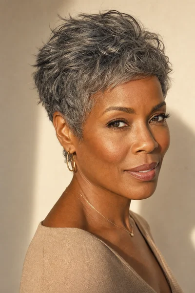 12 Short Gray Pixie Cuts for Women Over 50 4 Textured gray pixie haircut with point-cut layers on Black woman over 50