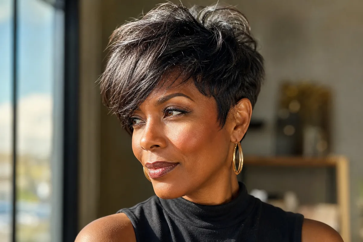 Textured pixie cut with side-swept bangs haircut for women over 40