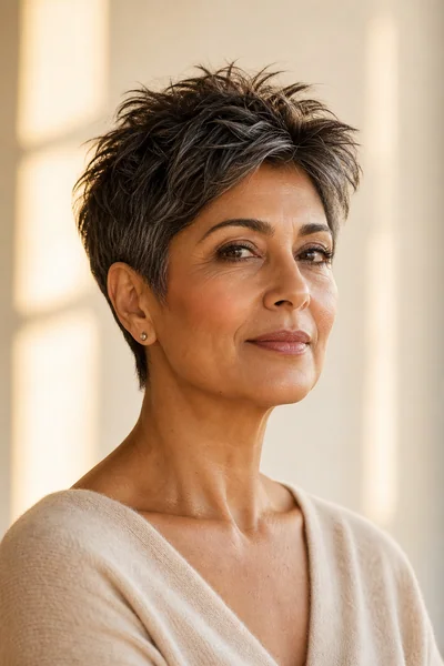 Textured pixie cut with point-cut layers on thick hair for women over 50