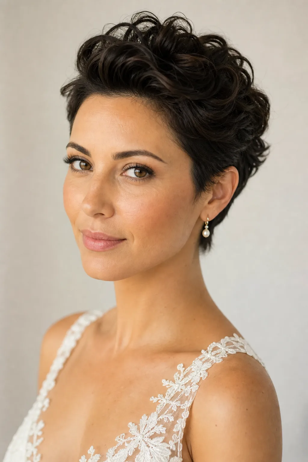 Textured pixie updo wedding hairstyle for short hair, swept-back styling, gel hold texture