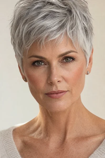 Textured silver crop haircut with choppy layers and modern styling