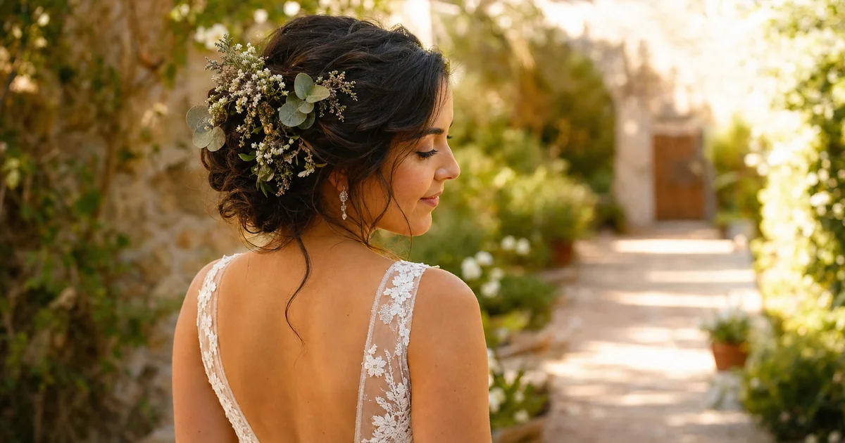 Textured updo with eucalyptus greenery — rustic boho wedding hairstyle