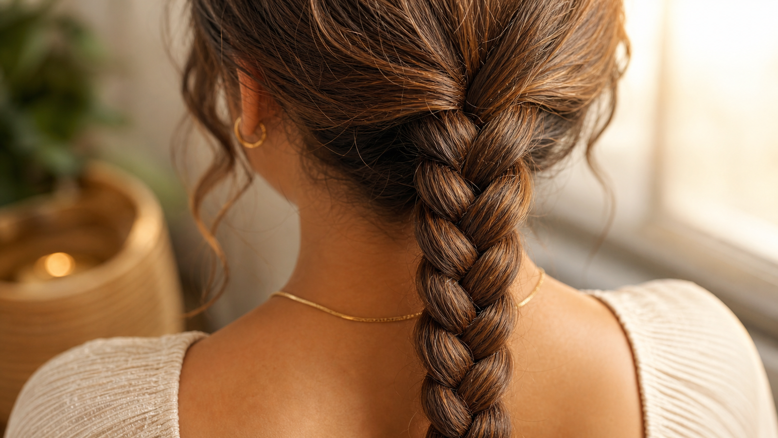 Three-strand braid close-up on textured medium-length hair — easiest beginner braid tutorial