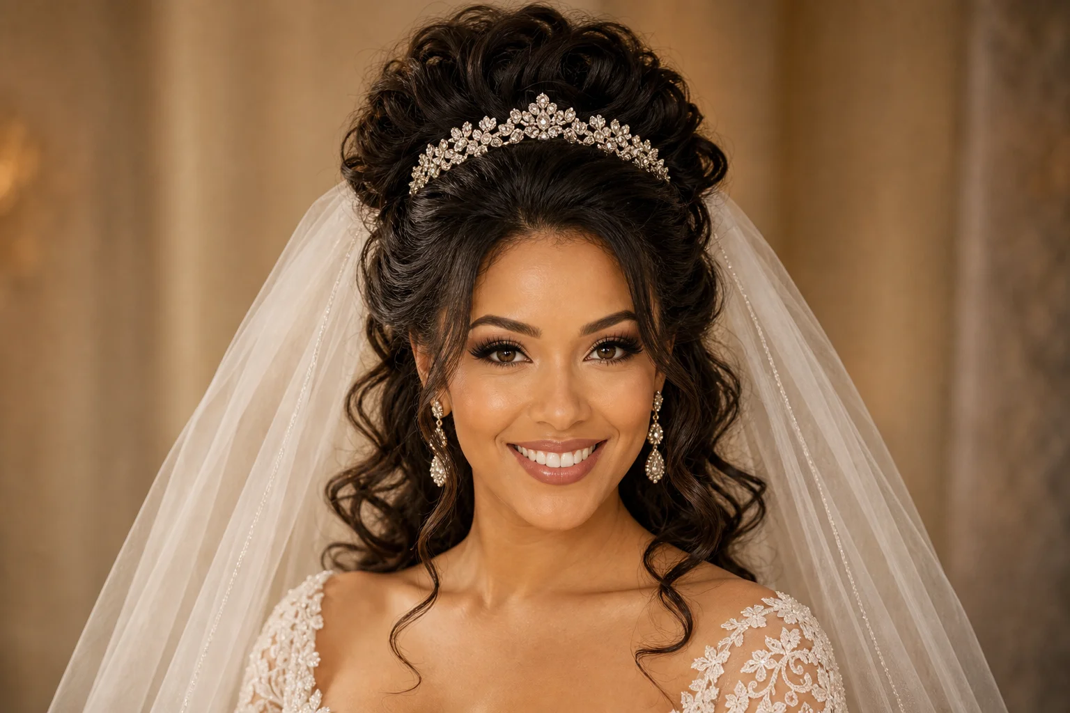 18 Wedding Hairstyles With a Veil You'll Fall in Love With 18 Voluminous updo with tiara and veil wedding hairstyle cathedral length formal