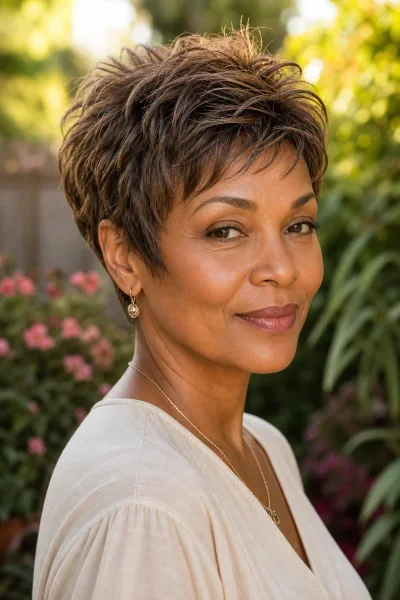 Tousled textured pixie haircut with volume and movement — casual outdoor styling