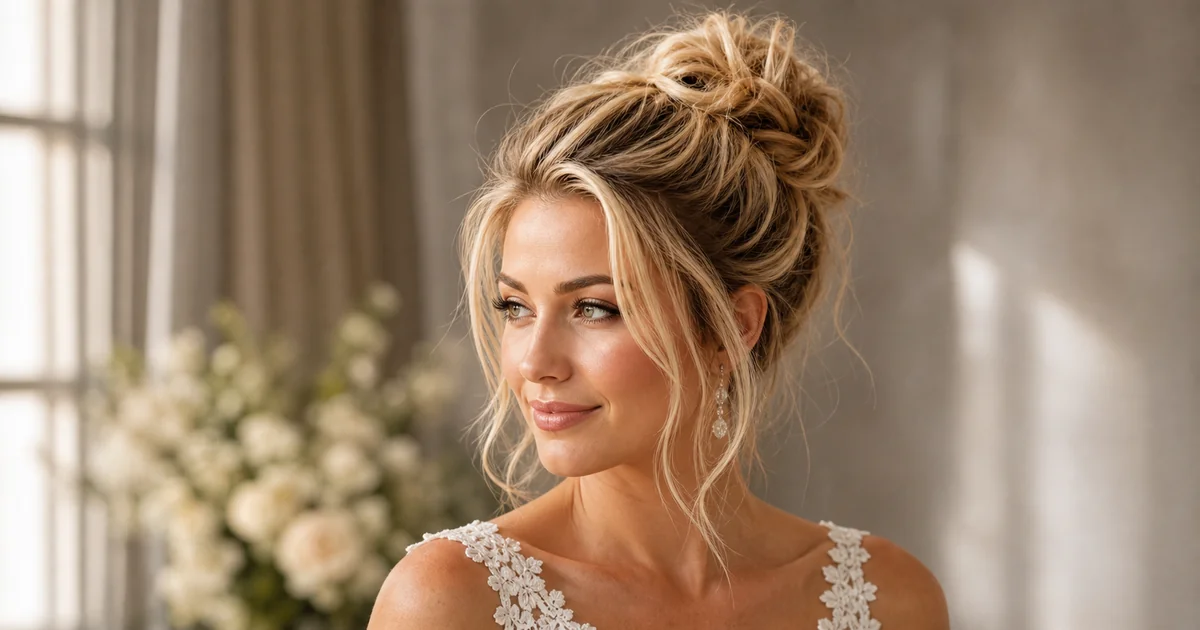 tousled top knot wedding updo