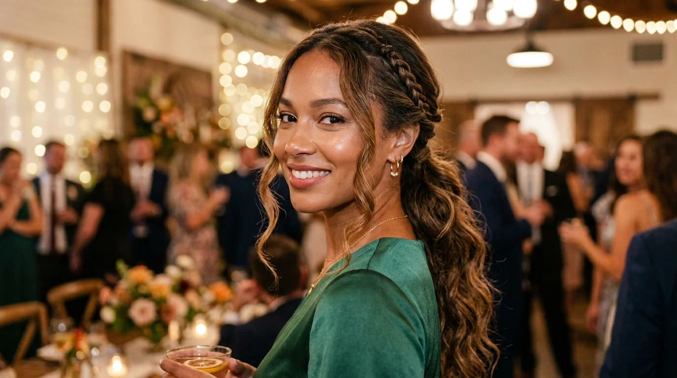 Twisted and braided low ponytail hairstyle for a wedding guest with wavy medium-length hair