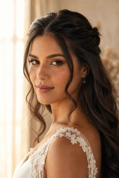 Twisted half-up wedding hairstyle with face-framing waves — perfect for heart and square face shapes