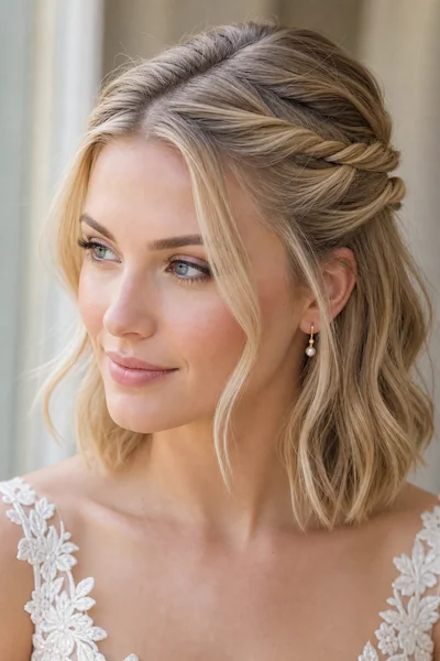 Twisted half-up wedding hairstyle for shoulder-length hair — bridal style for heart and oval face shapes with medium hair