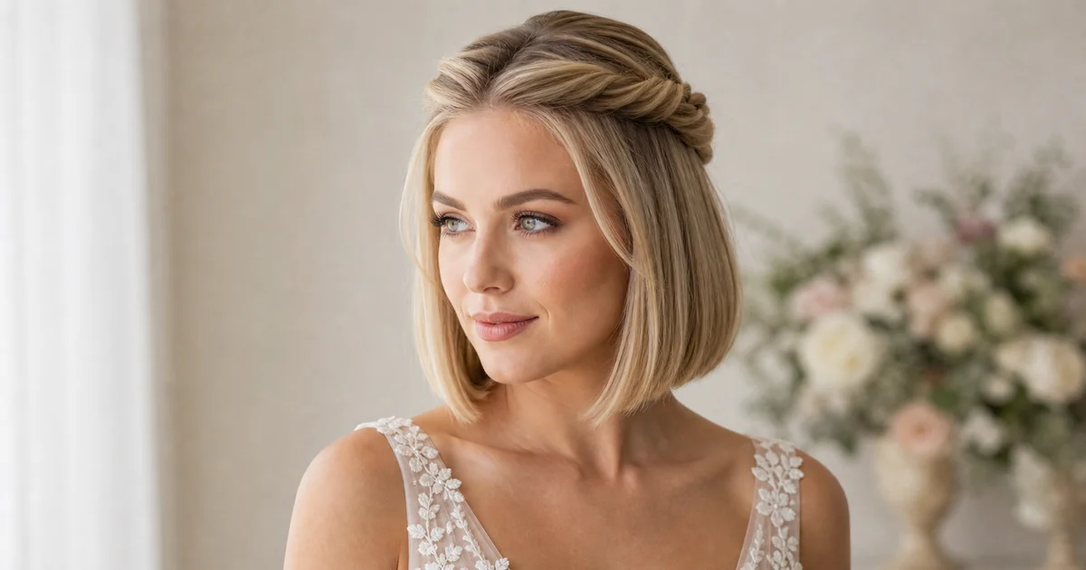 twisted half-updo wedding hairstyle for bob-length hair