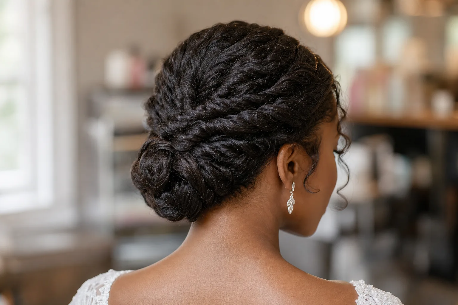 Twisted low bun wedding hairstyle for short hair, soft rope texture, back view detail