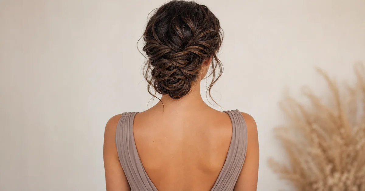 Twisted low updo bridesmaid hairstyle for a backless dress.
