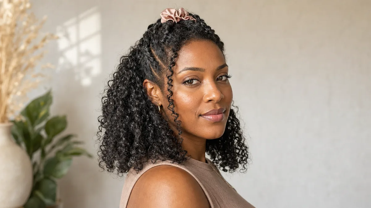 12 Half Up Half Down Hairstyles for Every Hair Type 4 Black woman with defined natural 3C-4B curls in half-up two-strand twist protective hairstyle, protective styling for natural curls