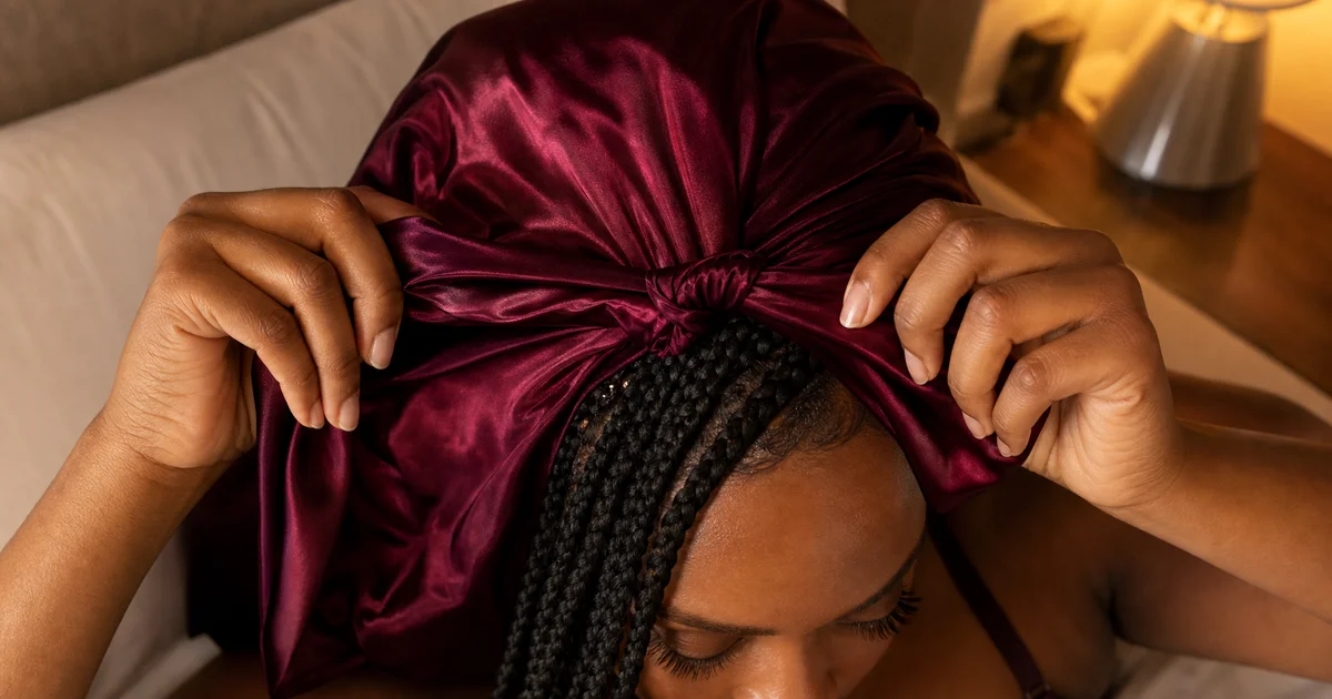 Woman tying satin bonnet over box braids for nighttime protection and moisture retention