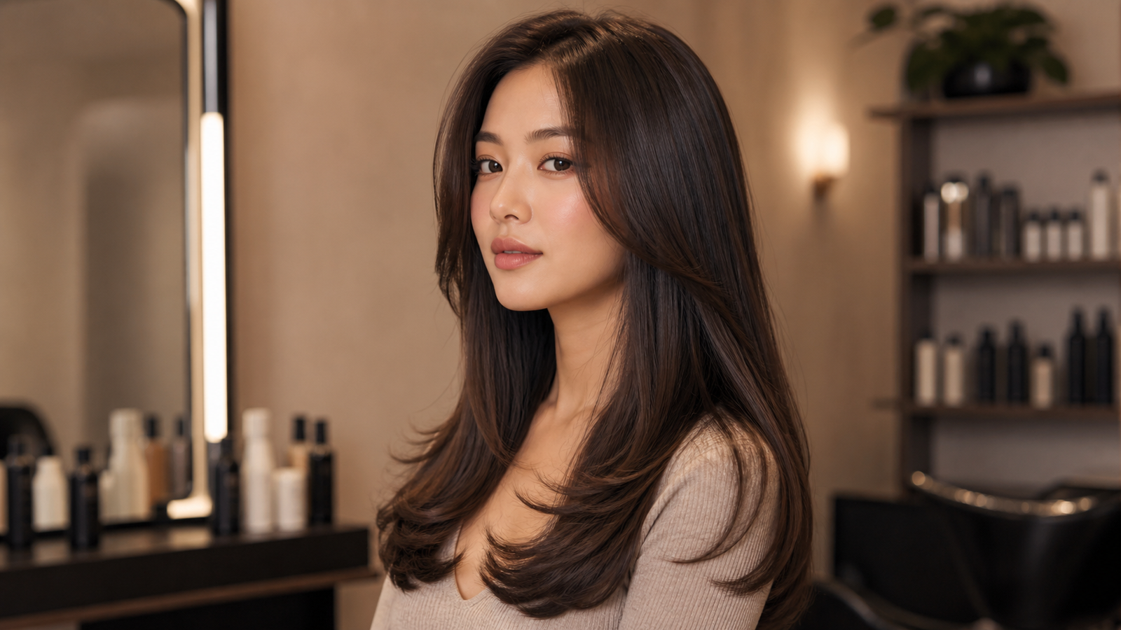 U-cut layered haircut with soft rounded ends for gentle, romantic finish.