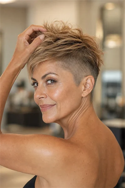 undercut pixie for extra lift on fine hair — close-clipped nape and sides with textured longer top