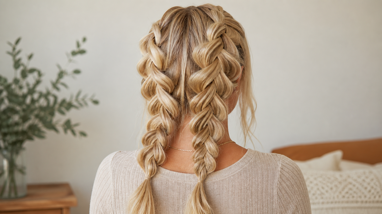 Undone double Dutch braids on fine, straight hair — boho textured style with loosened braids