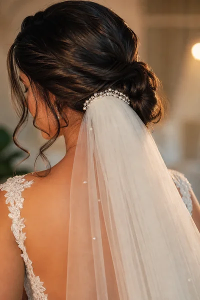 How to Choose Your Wedding Hairstyle Step by Step 6 Low bridal updo with cathedral veil attachment showing how the veil comb secures to the updo