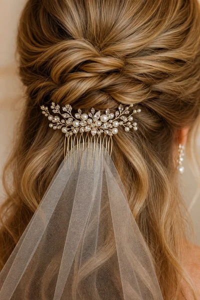 Veil comb placement guide — close-up detail showing correct positioning beneath a half-up wedding hairstyle