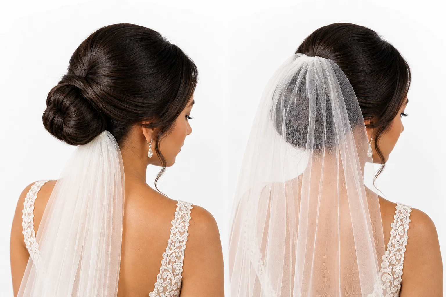 18 Wedding Hairstyles With a Veil You'll Fall in Love With 3 Veil placement comparison under versus over updo for wedding hairstyles
