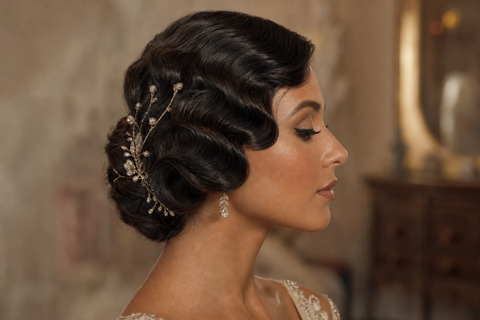 Vintage finger-wave updo for short hair, 1920s styling, detailed pin placement, side view