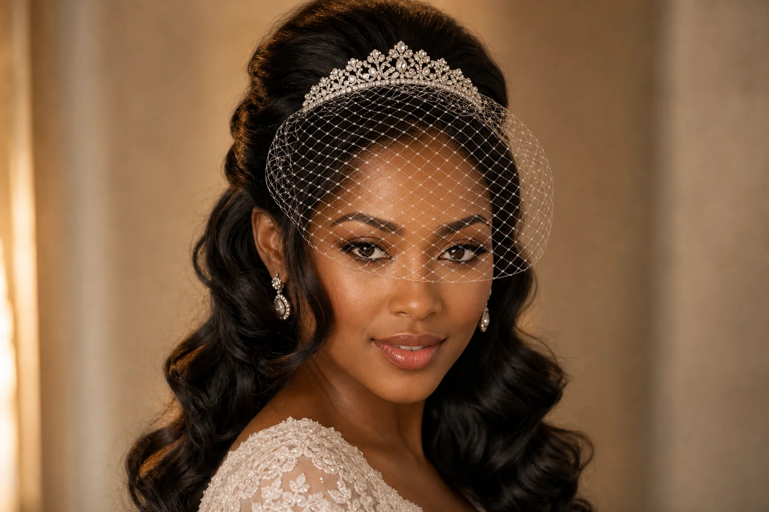 18 Wedding Hairstyles With a Veil You'll Fall in Love With 19 Half-up tiara birdcage veil wedding hairstyle vintage inspired old Hollywood