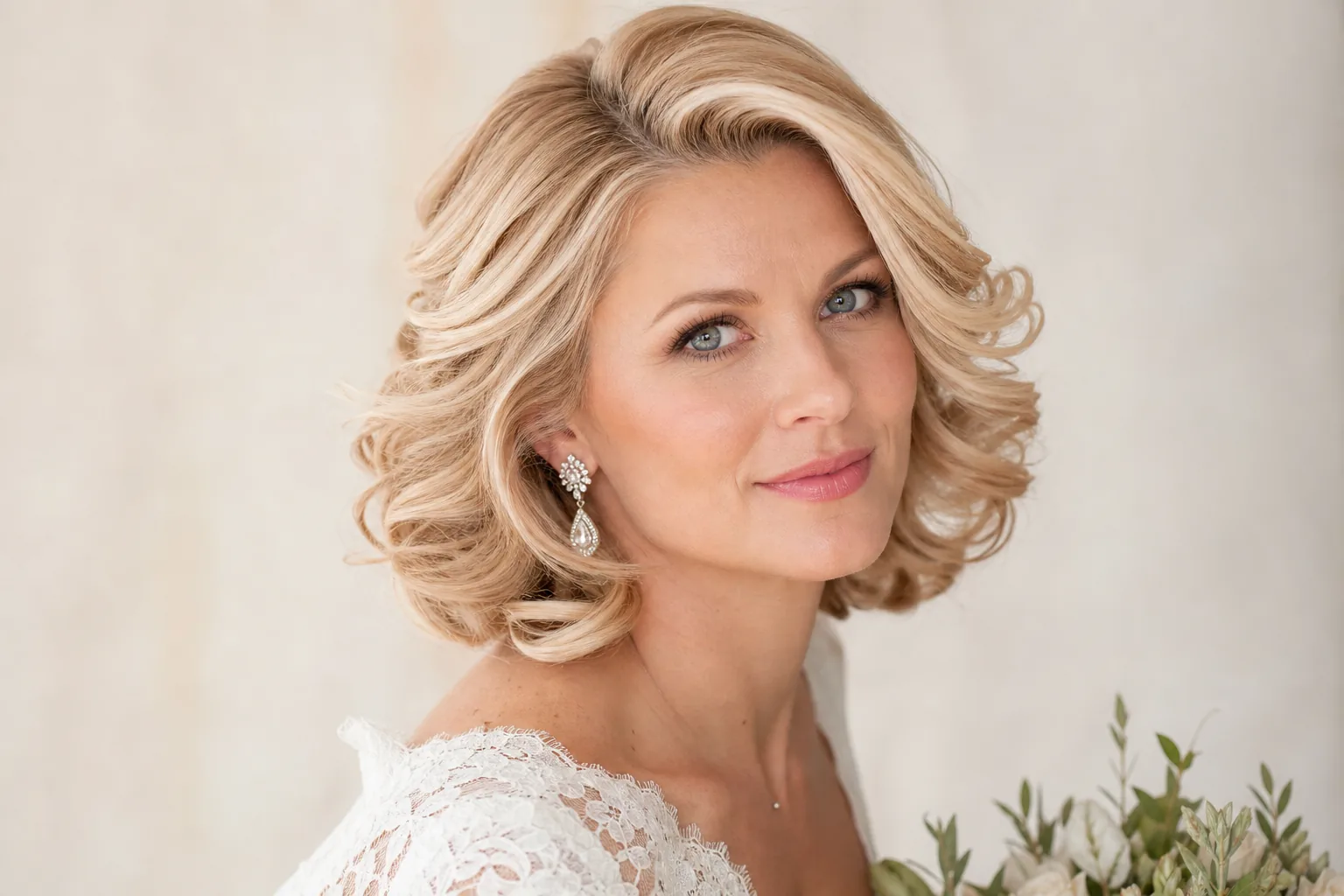 Voluminous blowout curls wedding hairstyle for short hair, root lift, rounded spiral curls