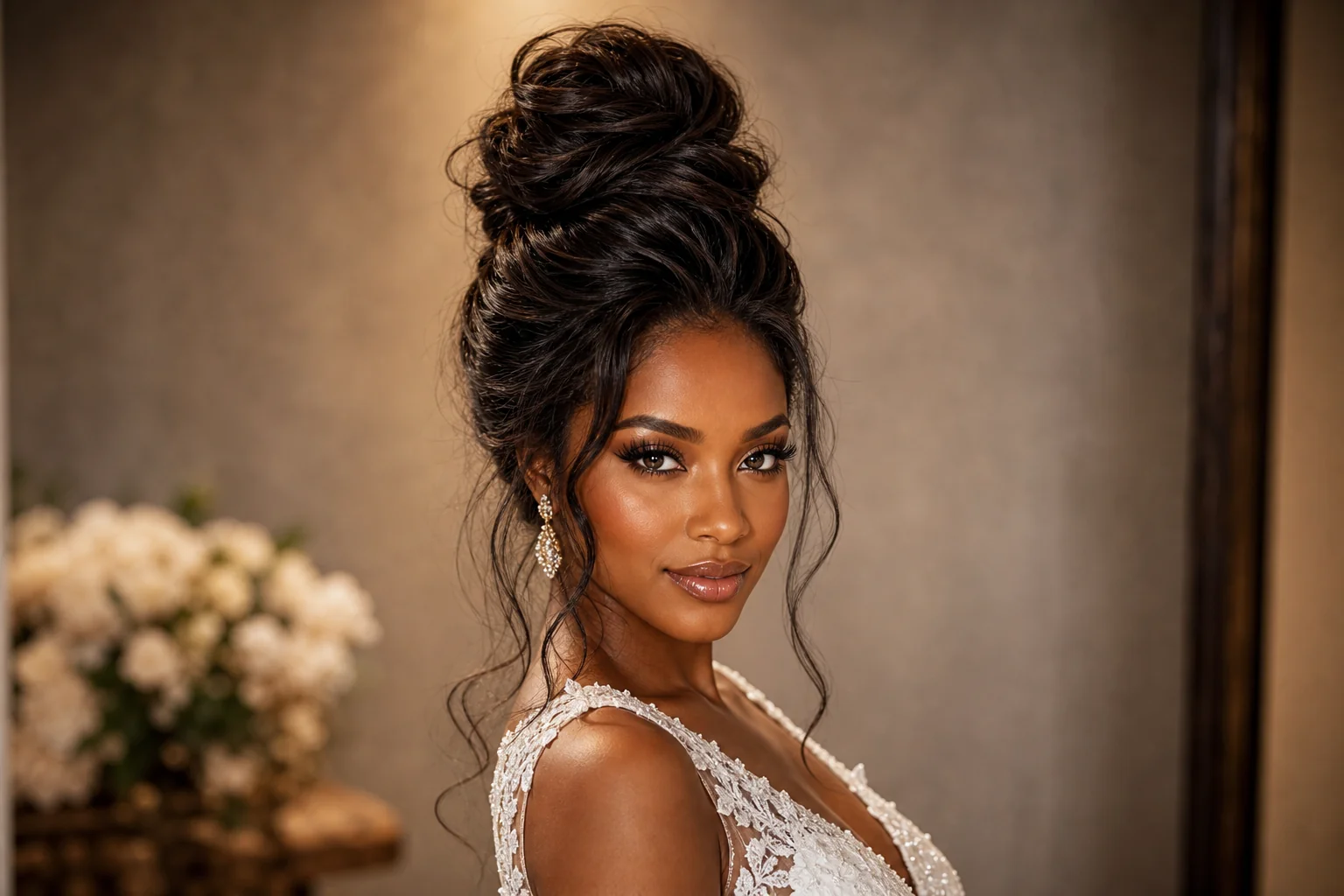 Voluminous top knot bridal hairstyle for long thick hair