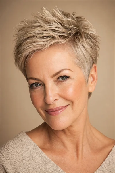volumizing textured pixie haircut for fine hair over 50 — point-cut texture and root lift close-up