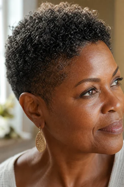 Close-up detail of a wash-and-go pixie crop on natural 4C coarse hair texture showing short length and curl definition