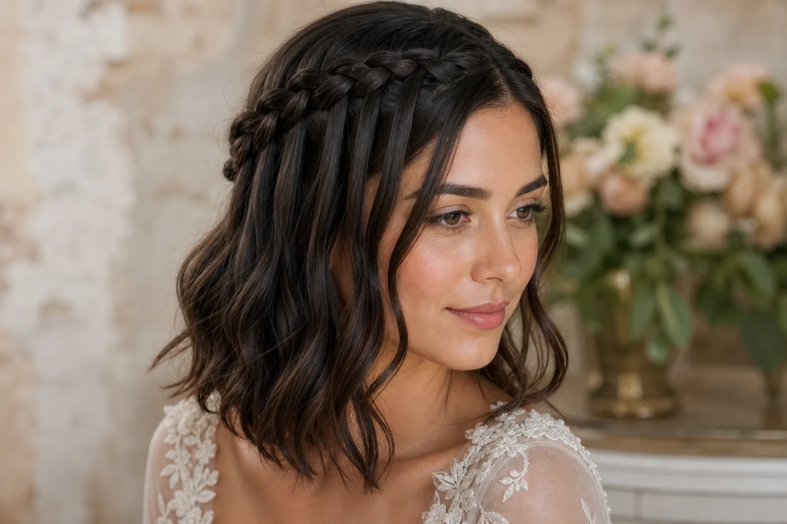 Waterfall braid accent wedding hairstyle for short hair, crown braid, falling sections, soft waves