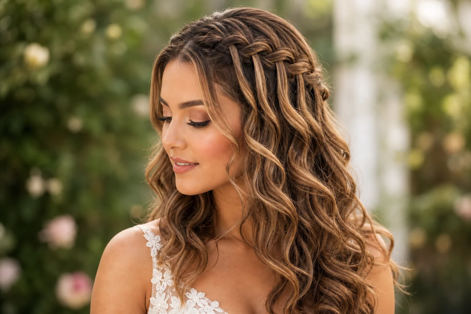 Waterfall braid with curls bridal hairstyle for long hair