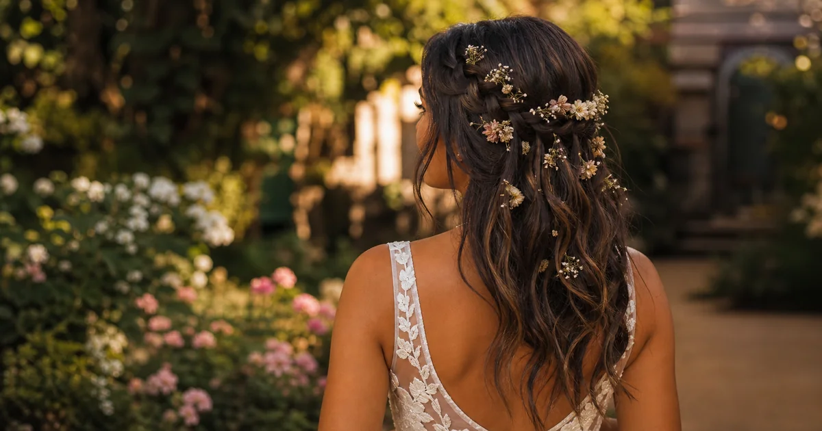 Waterfall braid with dried flowers — bohemian cascade hairstyle for long layered hair