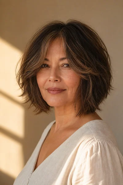 Layered wavy bob on thick hair showing natural wave movement — short haircut for mature women