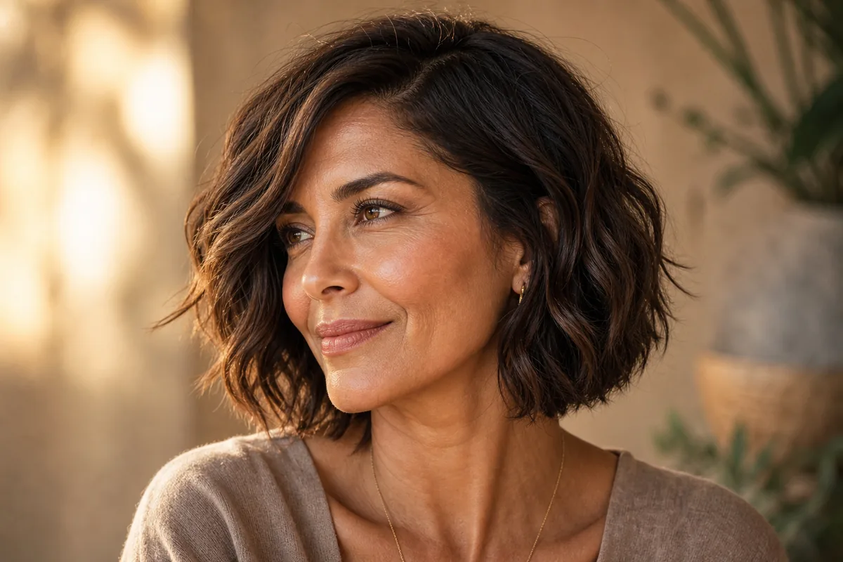 Wavy bob with deep side part medium-length haircut for women over 40