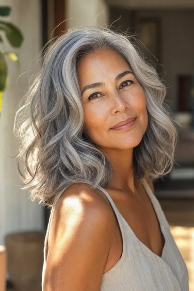 wavy silver lob haircut for gray hair transition — shoulder-length with soft waves to blend color changes