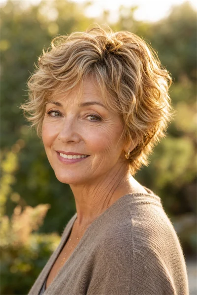 wavy textured pixie for fine wavy hair over 50 — piece-y layers embrace natural texture and create fullness