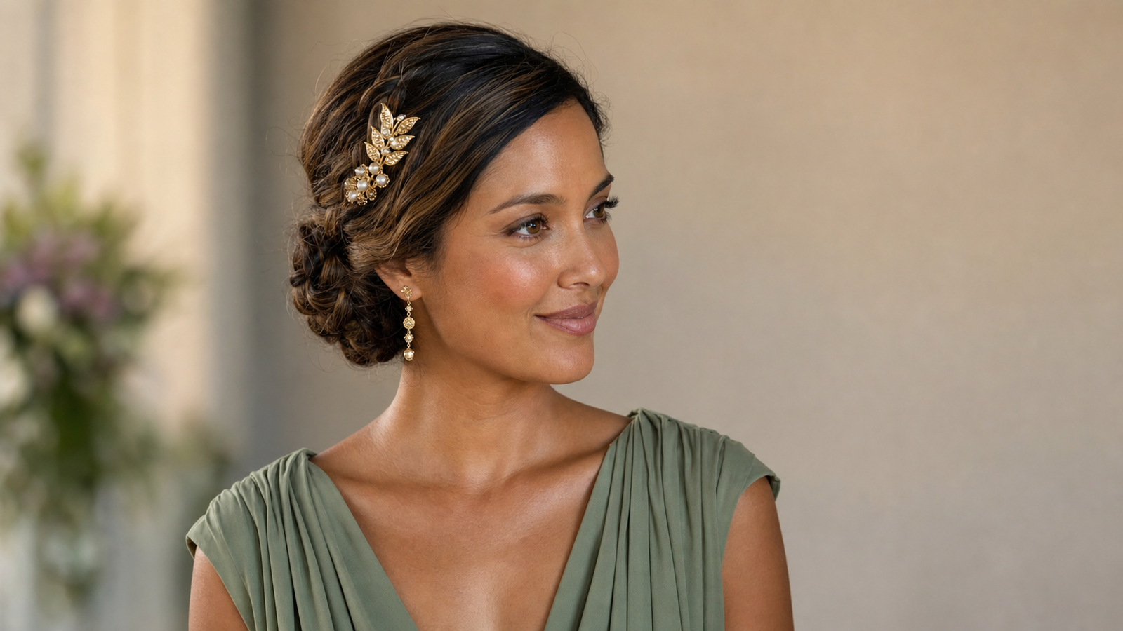 Braided updo for bridesmaids and guests dressed up with a statement hair pin