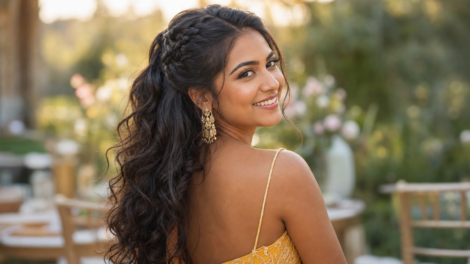 Wedding guest with a half-up braided ponytail hairstyle, relaxed formal hairstyle for ceremonies and receptions