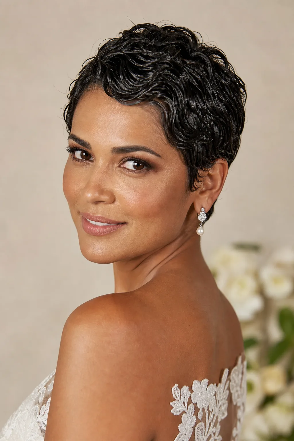 Wet-look pixie wedding hairstyle for short hair, gel shine finish, modern editorial styling